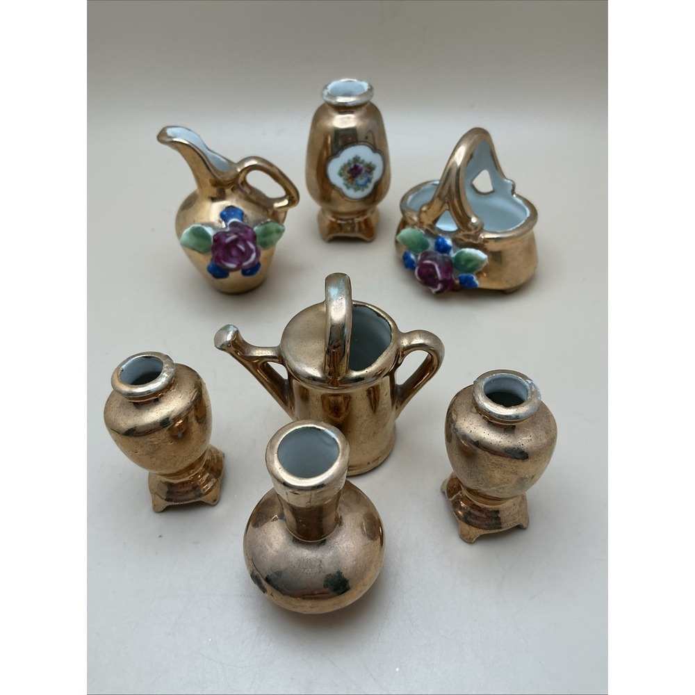 Miniature Vintage Japanese Porcelain Lusterware Vases Pitchers, Pre WW2 Lot of 7